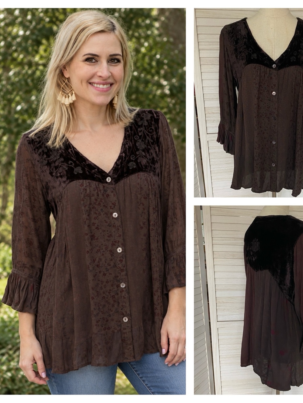Young Threads Dark Brown Button-Front V-Neck Embroidered Velvet Blouse SZ S NWT